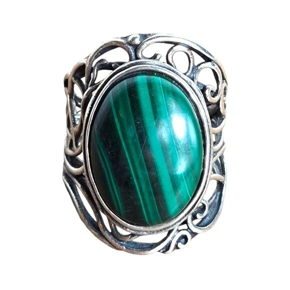 Vintage Malachite PZ Israel Sterling Statement Ring Sz 7.5 Mens‎ Womens - Picture 1 of 7